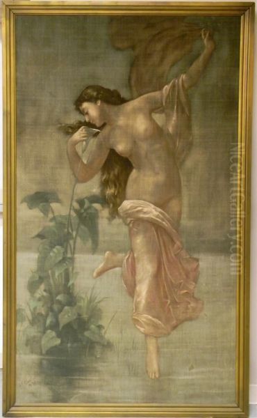 Semi Nude Woman In Forest Withlilies Oil Painting by J.F. Douthitt