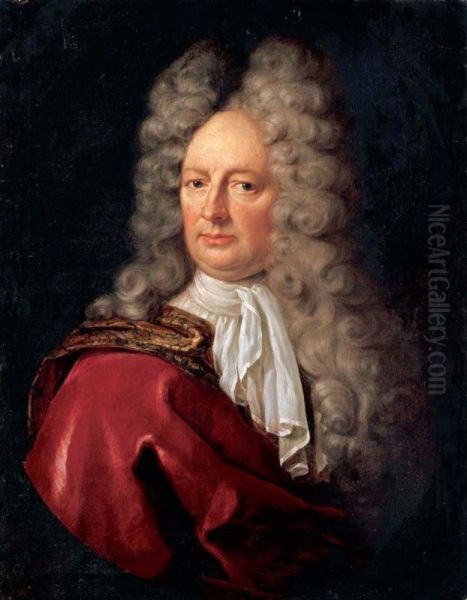 Portrait Of A Nobleman, Bust Length, Wearing A White Cravat And A Red Overcoat Oil Painting by Jan Frans Douven