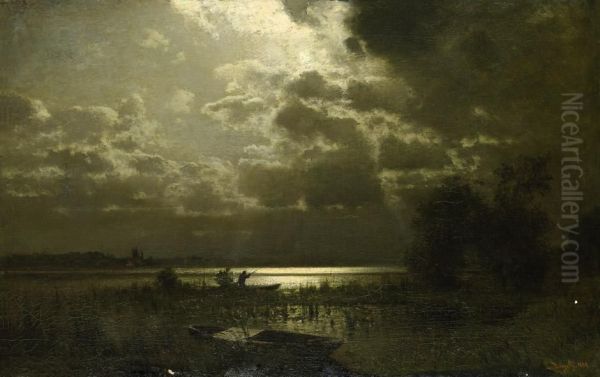 Boddenlandschaft Bei Mondschein Oil Painting by Louis, Carl Ludwig Douzette