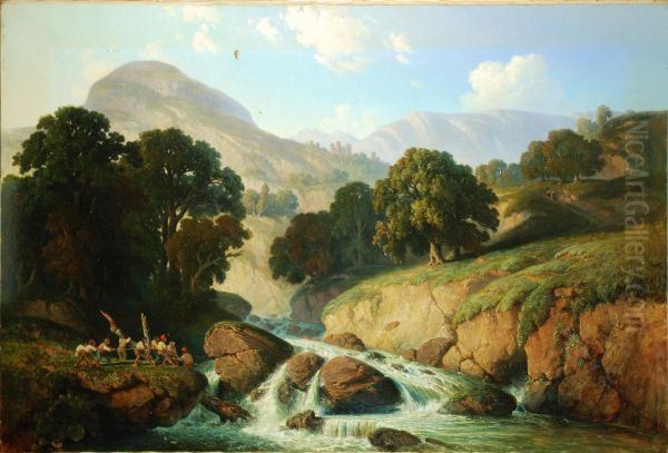 Boscaioli Che Recuperano Un Tronco Dal Torrente E Castello Sullo Sfondo Oil Painting by Achille Dovera