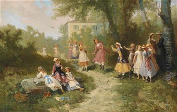 Children Playing In A Garden Oil Painting by Auguste Viande Doviane