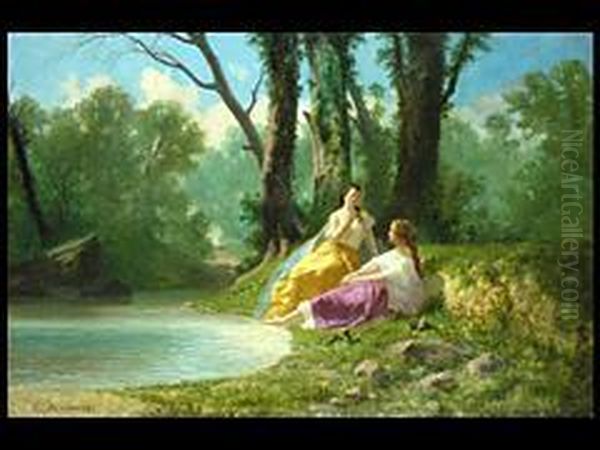 Zwei Frauen Am Bach Oil Painting by Auguste Viande Doviane