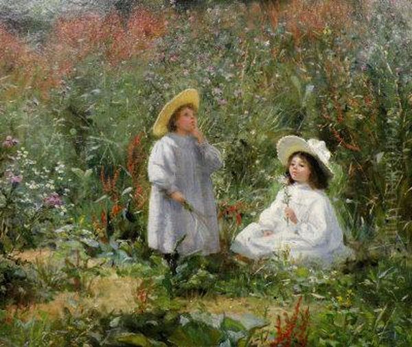 Girls Picking Flowers In A Meadow Oil Painting by Thomas Millie Dow