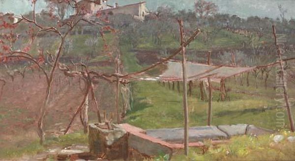 An Italian Vineyard Oil Painting by Thomas Millie Dow