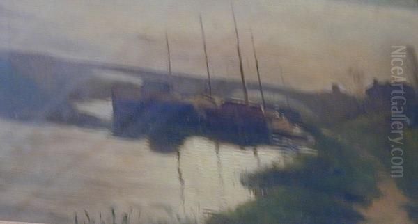 Barges By A Bridge C1880 Oil Painting by Thomas Millie Dow