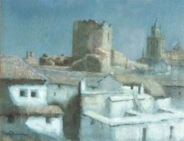 Rooftops In Moonlight Oil Painting by A.M. Doweraker