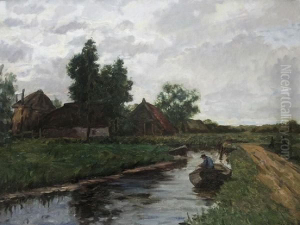 Rural Landscape Scene With A Man In A Boat Oil Painting by John Patrick Downie