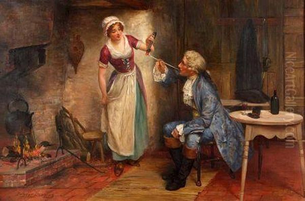 Interior Scene Of Young Maid Lighting Her Master's Pipe Oil Painting by Delapoer Downing