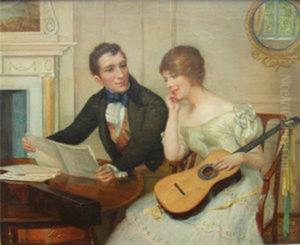 Downing, Oil On Canvas,the Music Lesson, A Young Man And Girl With A Guitar And Musicwithin An Interior, 16ins X 20ins Oil Painting by Delapoer Downing