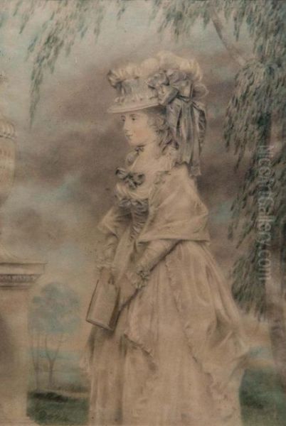 Three Quarter Length Portrait Of A Lady In A Landscape Wearing A Ribbon Tied Bonnet And Holding A Book Oil Painting by John Downman