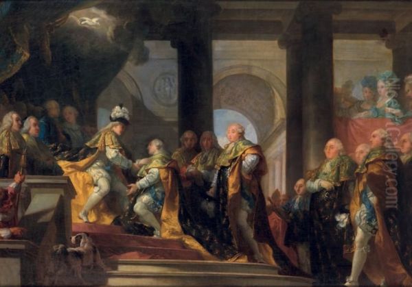 Louis Xvi Recoit A Reims, Apres Son Sacre, Les Hommages Des Chevaliers Du Saint Esprit, En Tant Que Grand Maitre De L'ordre, 13 Juin 1775 Oil Painting by Gabriel Francois Doyen