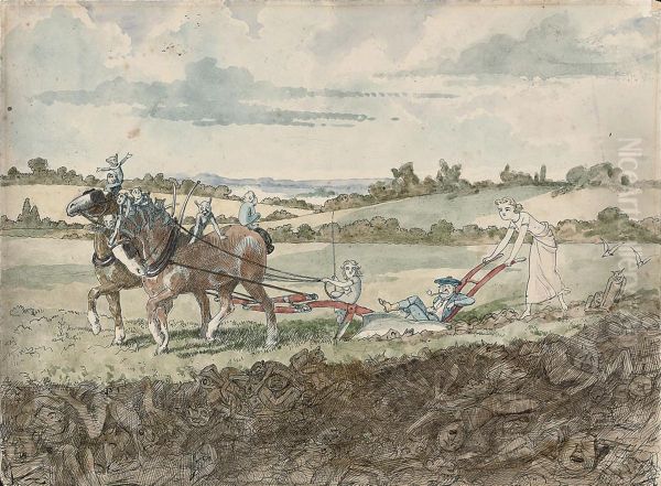 Ploughing Oil Painting by Charles Altamont Doyle