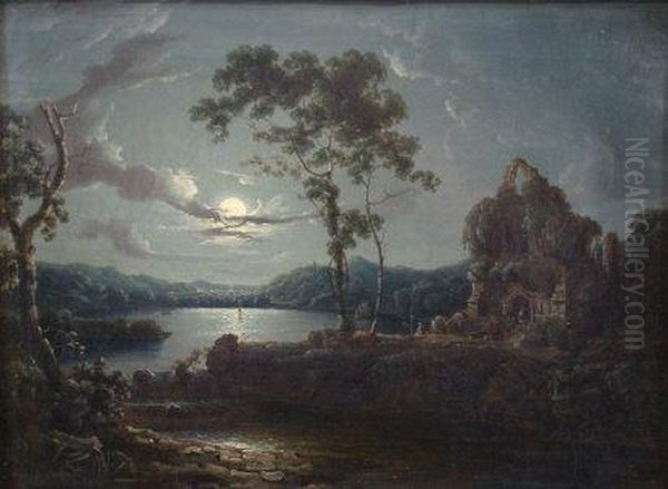 A Moon Lit River Scene With A Figure Standing In The Door Way Of A Ruined Abbey Oil Painting by John, H.B. Doyle