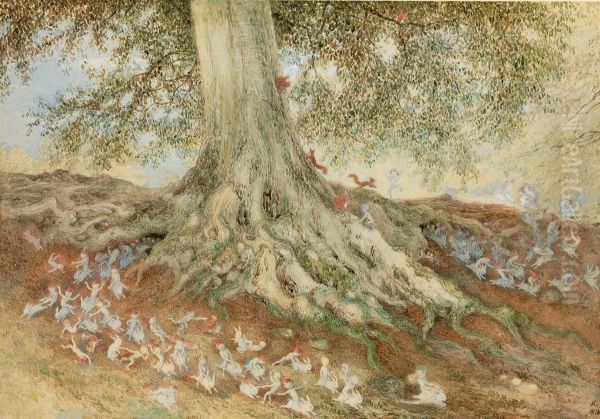 Elves In A Rabbit Warren Oil Painting by Richard Doyle