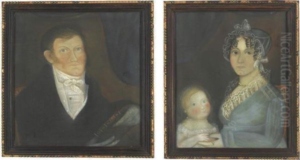 A Pair Of Portraits: A Gentleman And A Lady And Their Child Holding A Peach: Members Of The Aldrich Family Of Massachusetts Oil Painting by William Massey S. Doyle