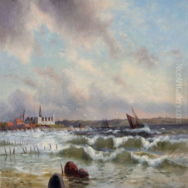 Sailing Boats Along The Coast Of Kronborg Oil Painting by Holger Drachmann