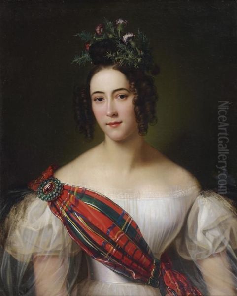 Portrait D'une Jeune Ecossaise Portant Un Tartan Et Coiffee D'unchardon Oil Painting by Alexandre-Jean Dubois Drahonet