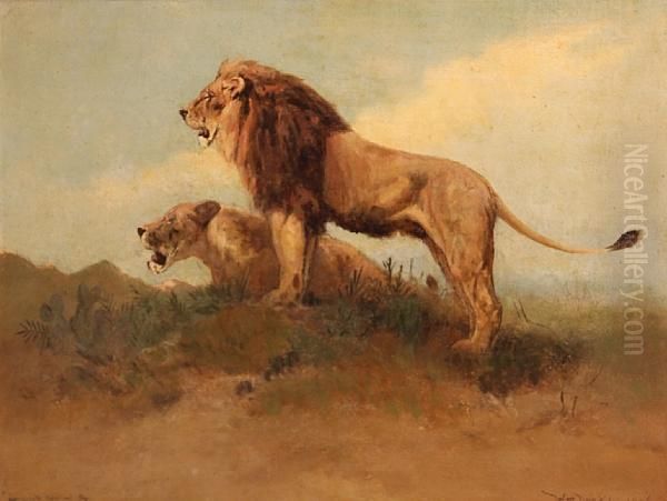 Lions Hunting Oil Painting by William Henry Drake