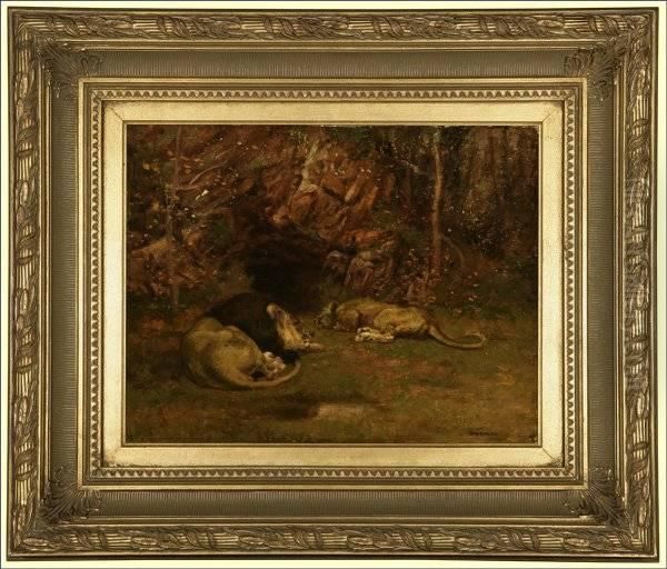 Two Lions Resting In A Landscape Oil Painting by William Henry Drake