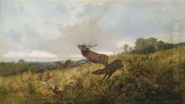 Deers In Autumnal Landscape Oil Painting by Christoffer Drathmann