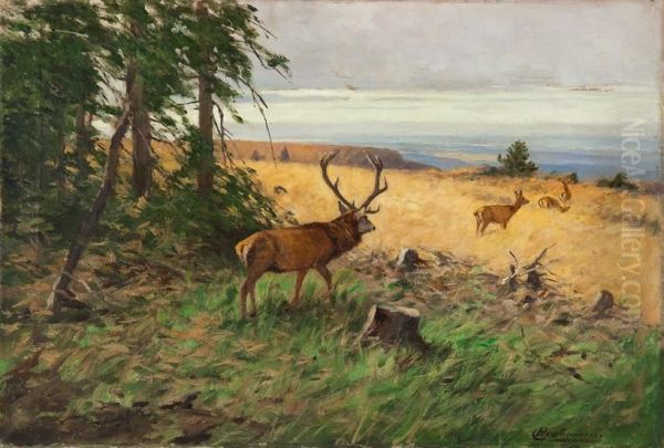 Hirsch Und Rudel Beim Verlassen Des Waldes Oil Painting by Christoffer Drathmann