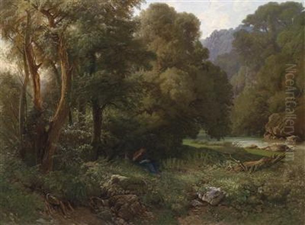 A Mountain Landscape In The South With A Young Woman Reading In The Shade Of A Riverbank Oil Painting by Heinrich Dreber