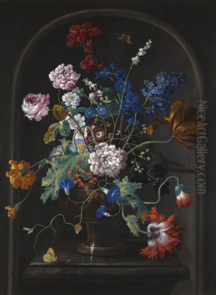 A Still Life Of Roses, Tulips, Anemones, Bluebells And Other Flowers In A Vase, In A Stone Niche Oil Painting by Johann Baptist Drechsler