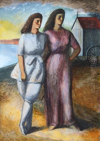 Two Women By A Beach Hut Oil Painting by Richard Eduard Dreher