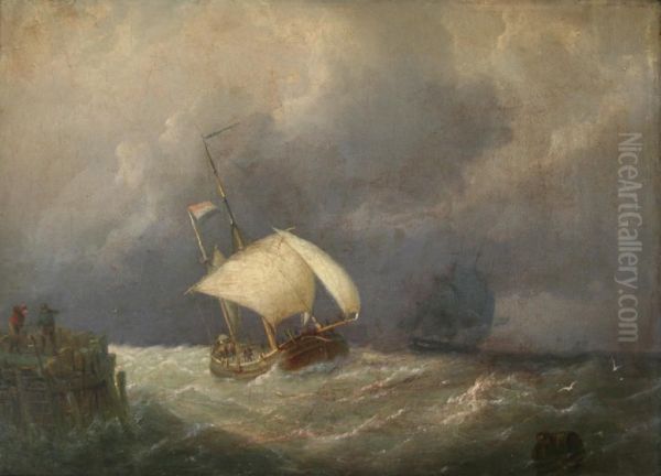 A Fishing Boat Off A Jetty In Squally Weather Oil Painting by Christiaan Dreibholtz