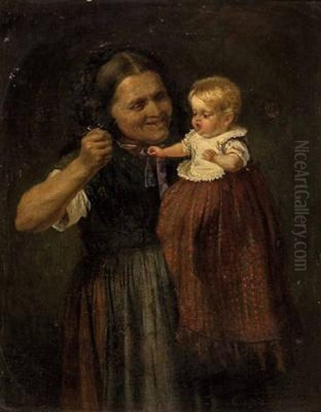 Grosmutter Futtert Das Enkelkind Oil Painting by Adolf Dressler