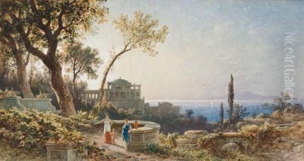 Sizilanische Kustenlandschaft Mit Figurenstaffage Auf Einer Terrasse Oil Painting by Friedrich W. Albert Dressler