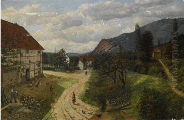 A Sawmill In A Waldeck Village Near Reitzenhagen Oil Painting by Arnold Dreves