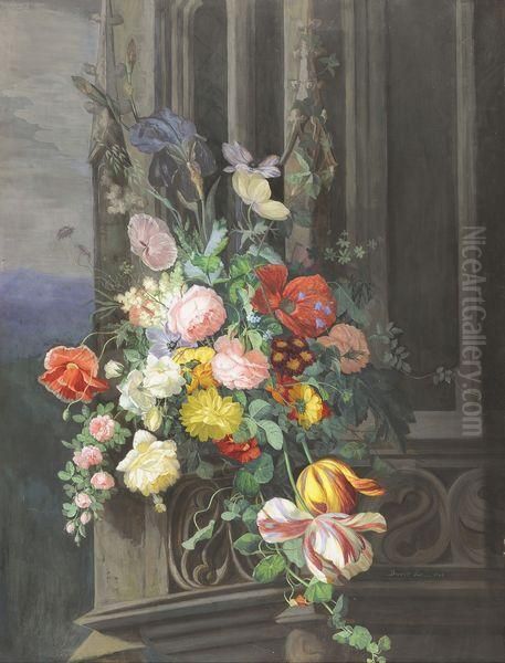 Fleurs Sur Un Fond D'architecture Gothique Oil Painting by Paul Drevet