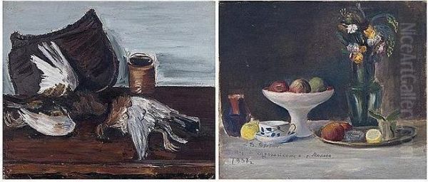 Signed L.l. And Inscribed In Russian Still Life With Quails, River Mologa And Dated 1937 Oil Painting by Alexander Drevin