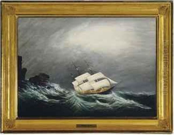 A Three Master In A Storm Oil Painting by Clement Drew