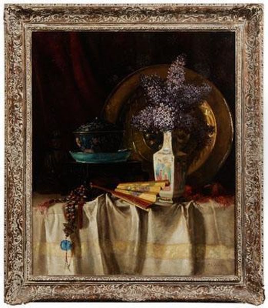 Asian-themed Stilllife With Lilacs Oil Painting by Catharine Ann Drinker Janvier