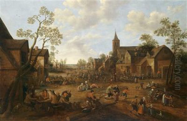 Village Street With People Celebrating Oil Painting by Joost Cornelisz. Droochsloot