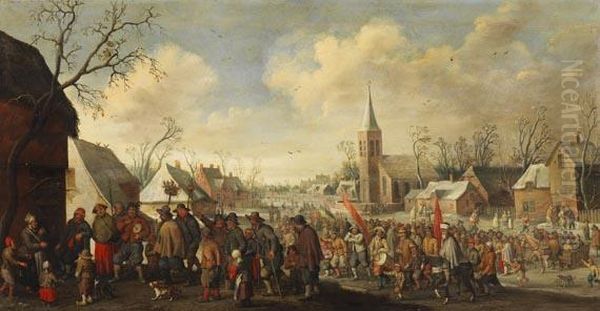 Ansicht Eines Winterlichen Dorfes Mit Dem Festzug Des St. Valentin Oil Painting by Joost Cornelisz. Droochsloot