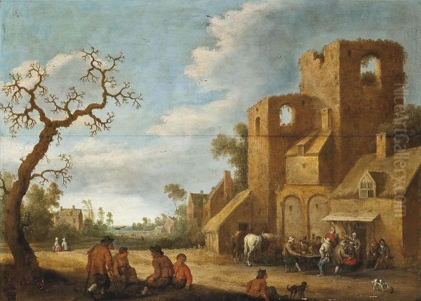 A Rustic Track With Figures Merrymaking Outside An Inn Oil Painting by Joost Cornelisz. Droochsloot