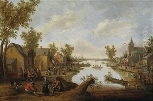 Evening Mood On A Village On A Canal Oil Painting by Cornelius Droochsloot