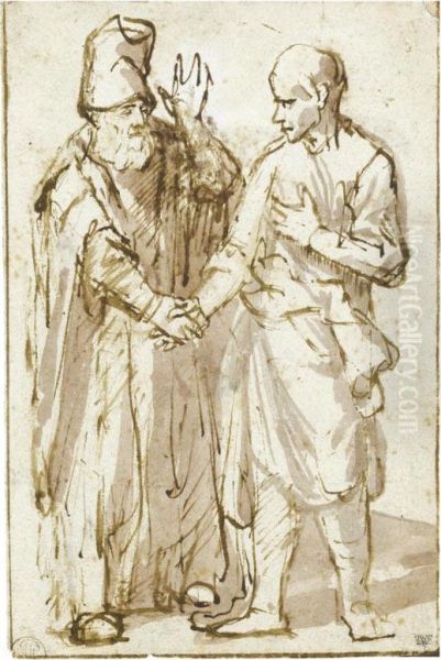 An Old Man And A Young Man Shaking Hands (the Departure Of Tobit?) Oil Painting by Willem Drost