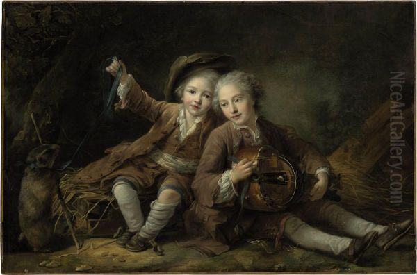 The Children Of The Duc De Bouillon Dressed As Montagnard Oil Painting by Francois-Hubert Drouais