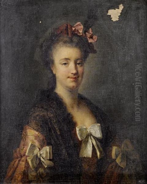 Portrait Of A Lady, Half-length, In A Pink Embroidered Silk Dress And A Black Lace Shawl, A Pink Ribbon In Her Hair Oil Painting by Francois-Hubert Drouais