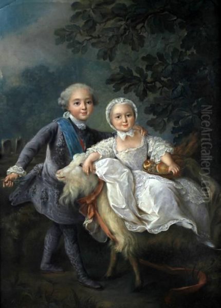 Children At Play, Seated With Goat - Probably The Dauphin Louis Xviii And His Sibling From The Bourbon Family Oil Painting by Hubert Drouais