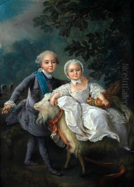 Children At Play, Seated With Goat Oil Painting by Hubert Drouais