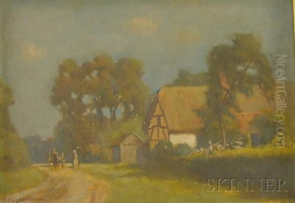 Cottages At Milford On River Oil Painting by William Staples Drown