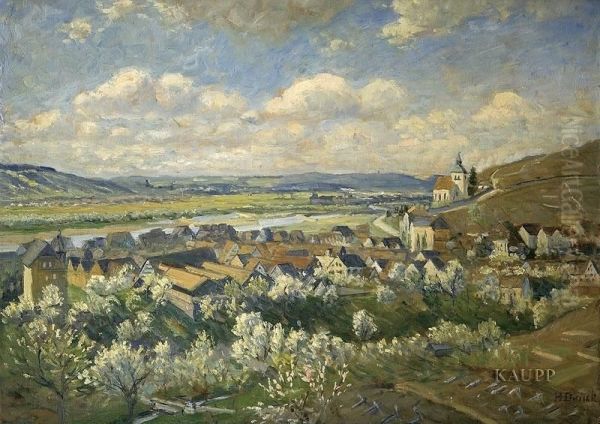 Blick In Weite Fruhlingshafte Flussebene Mit Bluhenden Obstbaumen Und Am Strom Gelegener Stadt. Oil Painting by Hermann Druck