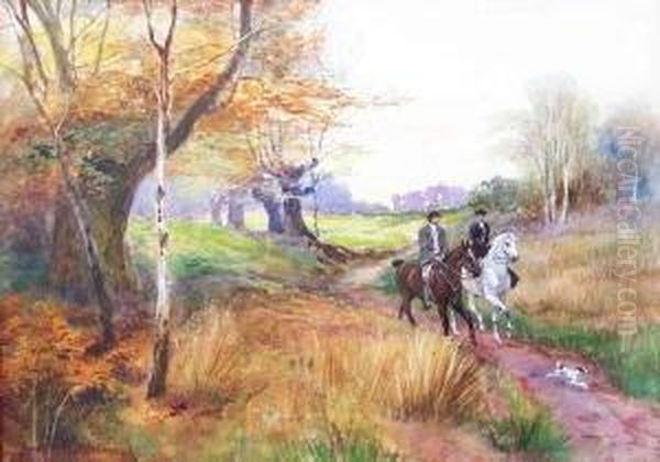 Herbstliche, Baumbestandene Wiesenlandschaft Mit Zwei Reitern Und Vorauslaufendem Hund Oil Painting by J. Nelson Drummond