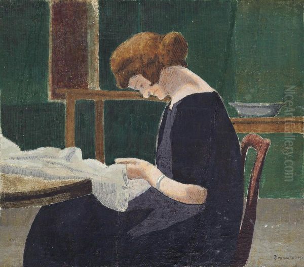 Woman Sewing At A Table Oil Painting by Malcolm Drummond