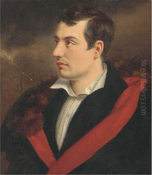 Portrait Of The Poet, George Gordon Byron, 6th Baron Byron(1788-1824), Bust-length, Wearing A White Shirt And A Black Coatwith Red Lining And Fur Trim, In A Stormy Landscape Oil Painting by Samuel Drummond